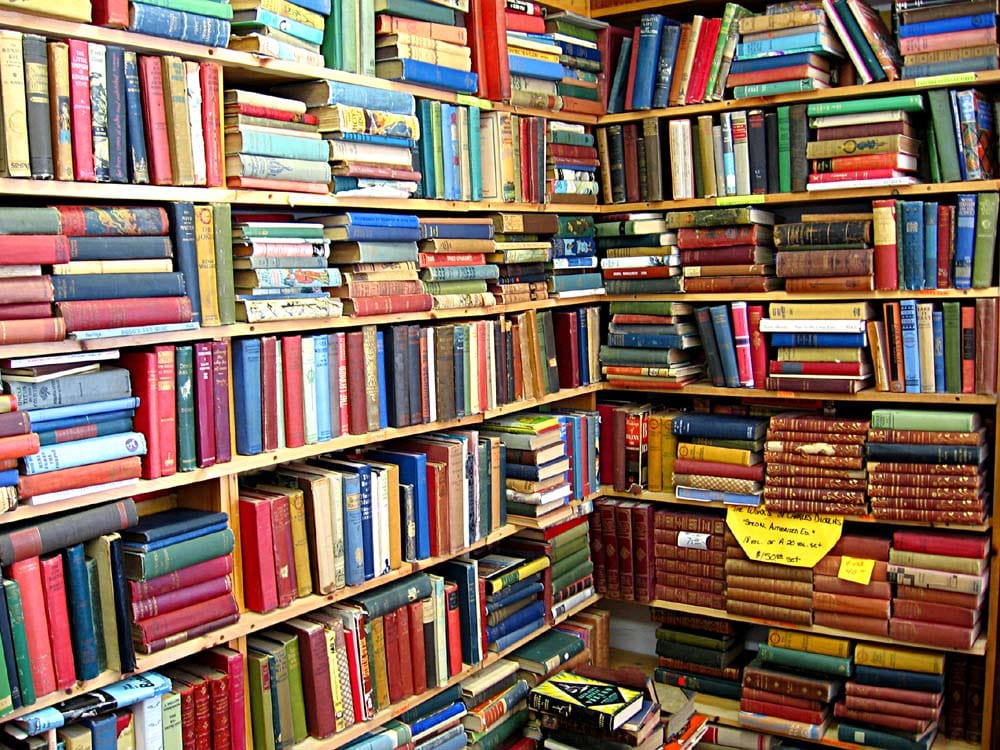 Wooden shelves packed floor to ceiling with colourful vintage books in a cosy second-hand bookshop
